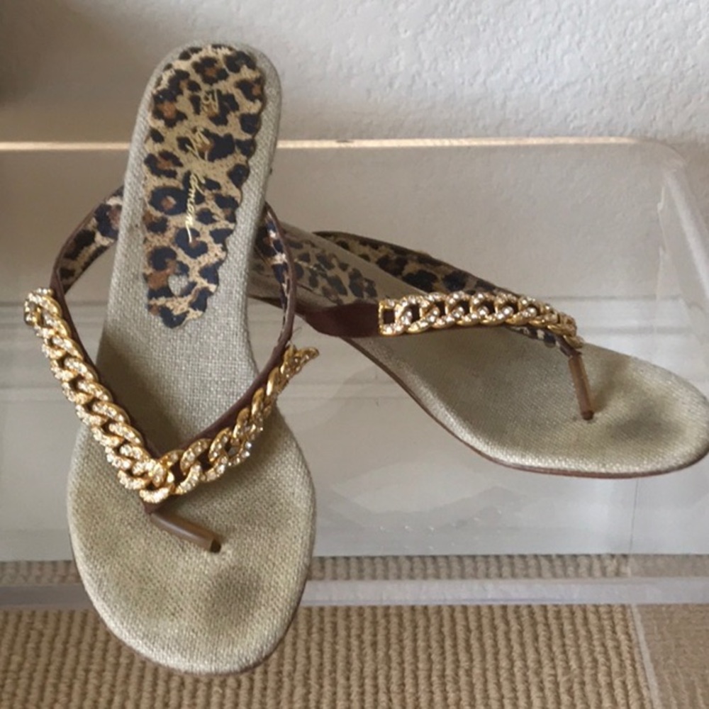 Beverly Feldman Gold Chain Leopard Print Thong Sandals